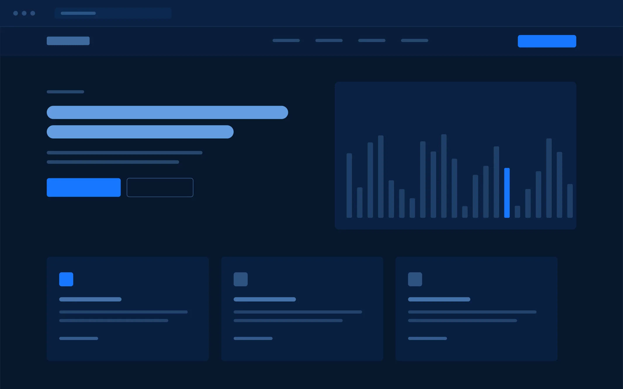Página do site: seção principal com título, chamada para ação e visualização de dados ao lado, seguida de três blocos de conteúdo.