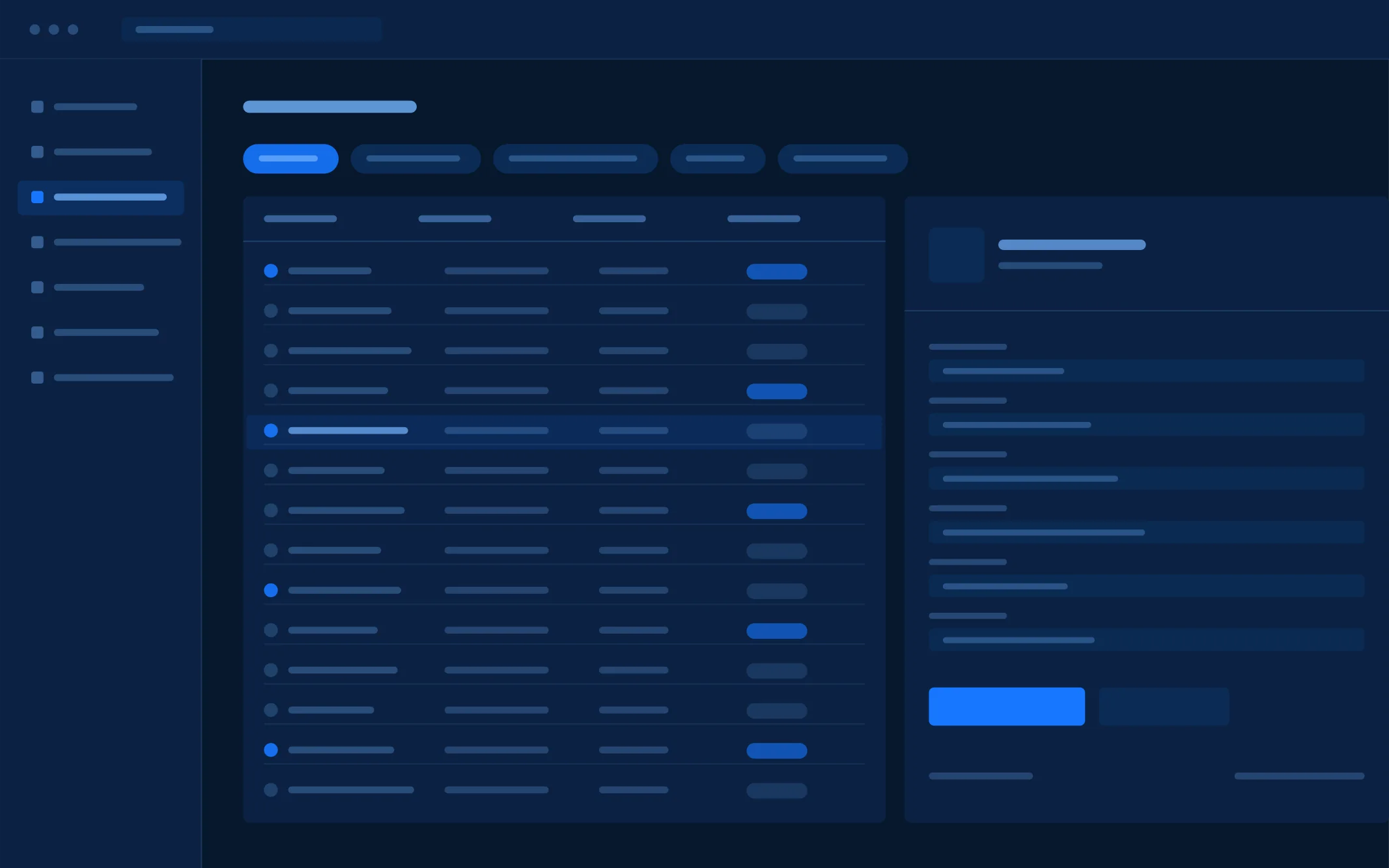 Tela do sistema de gestão: lista de pedidos com filtros por etapa e painel lateral com os detalhes do registro selecionado.